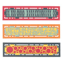 Three rectangular decorative bands with layered geometric and circular patterns in red, orange, and dark gray on a white background.