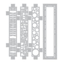 Four gray metal laser-cut sheet templates or frames with various geometric and circular patterns, arranged vertically on a plain white background.