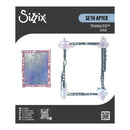 Sizix SETH-APTER Thinlits Dies packaging, featuring a dark gray header and footer with product details, a purple-blue textured sample square, and a black rectangular frame illustration on a white background.