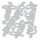 A set of silver metal die-cutting templates featuring the word 'Miracle' in cursive script, decorated with small snowflakes and stars, shown on a solid white background.