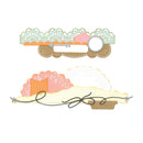 Two decorative scrapbook paper or craft embellishment strips shown on a plain white background. The top strip features pastel green lace-like scallops, orange accents, a brown scalloped band, and a silver oval detail.
