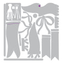 A flat gray silhouette sheet showing multiple fabric or craft applique shapes, including a flag, bows, tassels, ribbons, and banner-like pieces, on a white background.