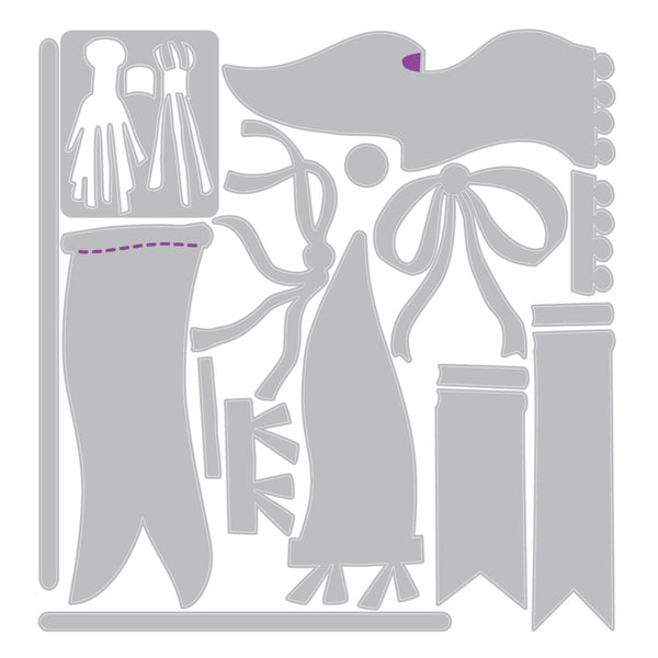 A flat gray silhouette sheet showing multiple fabric or craft applique shapes, including a flag, bows, tassels, ribbons, and banner-like pieces, on a white background.