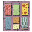 Colorful patterned tiles on a purple background