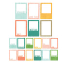 A set of scrapbook paper or sticker frames in pastel and bright colors, arranged on a white background. The frames feature embossed text such as 'MEMORIES', 'LOVE THIS', 'JULY', 'BEST DAY', and monthly labels from January to December.