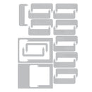 A set of light gray metal die-cut stencils for crafting, featuring various rectangular and rounded-corner shapes with embossed text such as 'SEMPER FI', 'INFINITE', 'SINCE JUNE', 'BEST DAY', 'HARSH', 'APRIL', 'JUNE', 'AUGUST', 'OCTOBER', and 'BENGALES'.