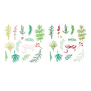 Two sets of small illustrated Christmas botanical elements on a white background, including green pine and fir branches, red berries, leaves, and ribbon bows.