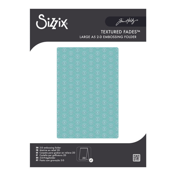 Sizix Textured Fades Large A5 2-D Embossing Folder by Jim Hardy, featuring a light blue-green patterned folder shown on its dark gray retail packaging.