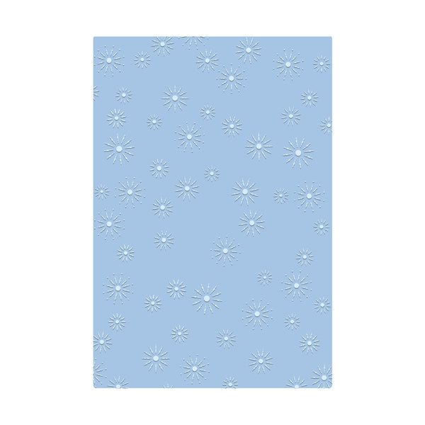 A rectangular light blue card or sheet with a repeating pattern of small white starburst or dandelion-like motifs, centered on a plain white background.