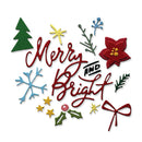 A collection of embroidered Christmas-themed appliques on a white background, including red cursive 'Merry and Bright' lettering, a red poinsettia, a green Christmas tree, blue snowflakes, yellow stars, green holly leaves, and red bows.