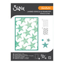 Sizix Vicki Borton Layered Stencils & Framelits packaging, featuring a green star patterned stencil sheet on a white background with product details and icons.
