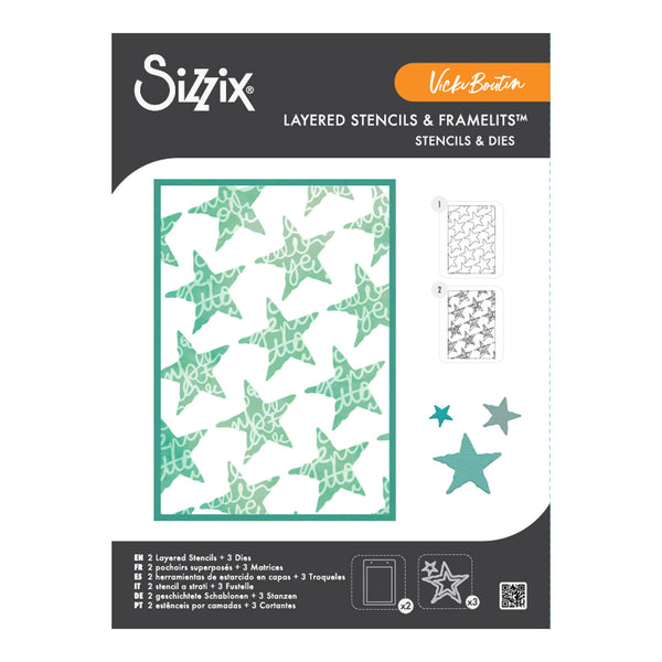 Sizix Vicki Borton Layered Stencils & Framelits packaging, featuring a green star patterned stencil sheet on a white background with product details and icons.