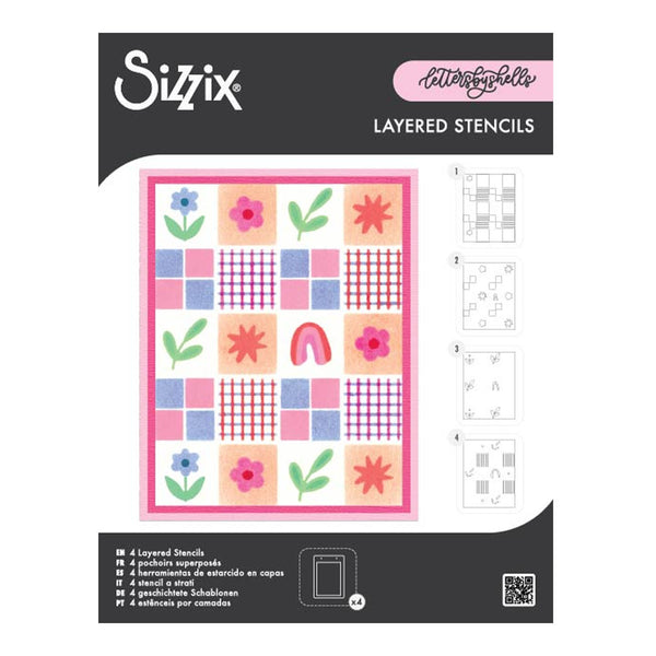 Sizzix All About Layered Stencils card featuring a colorful floral patchwork design with step-by-step stencil instructions on a white background.