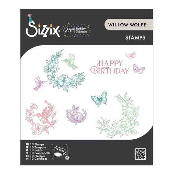 Sizzix Willow Wolfe Stamps set with floral and butterfly designs on a white background