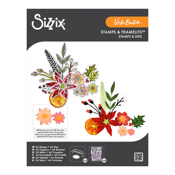 Sizix Vicki Boutin Stamps & Framelits packaging card, featuring colorful floral and botanical stamp and die designs on a white and dark gray background.