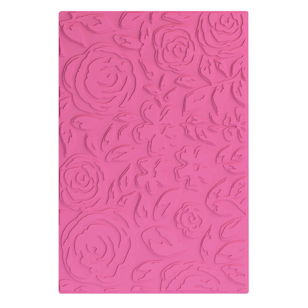 Pink embossed floral design on a white background