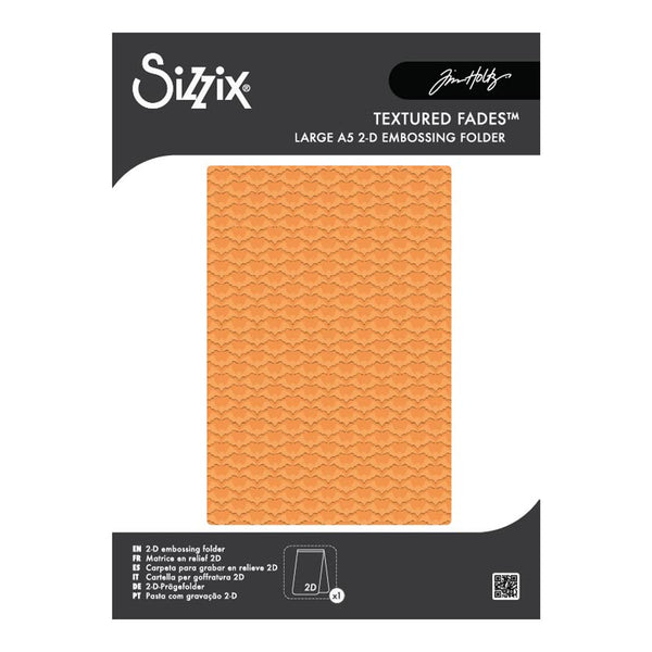 Sizix Jim Hettle Textured Fades Large A5 2-D Embossing Folder in orange, shown in its black retail packaging on a white background.