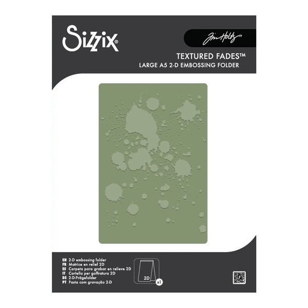 Sizix Textured Fades Large A5 2-D Embossing Folder in sage green, shown in its retail packaging with a black header card.