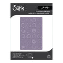 Sizix Textured Fades Large A5 2-D Embossing Folder by Jim Hardy, shown in its retail packaging with a lavender embossed sheet visible through a clear window.