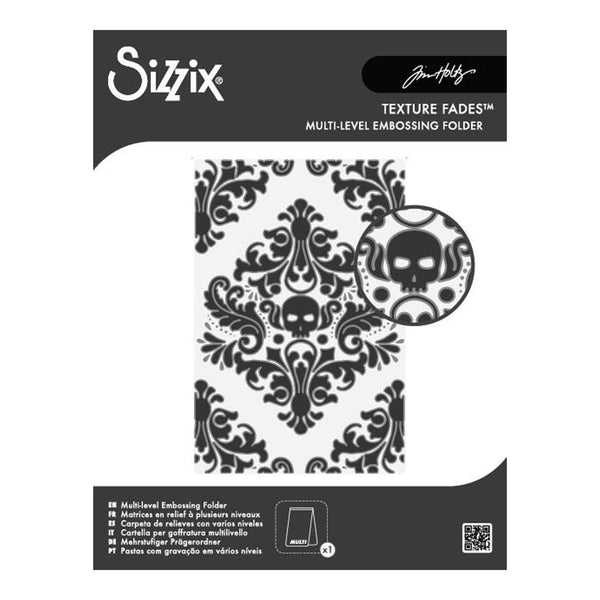 Sizzix Texture Fadest Multi-Level Embossing Folder by Jim Hall, featuring a black and white damask pattern with skull and crossbones accents on the cover.