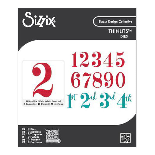 Sizzix thinlits dies set with red numbers and text on a white background