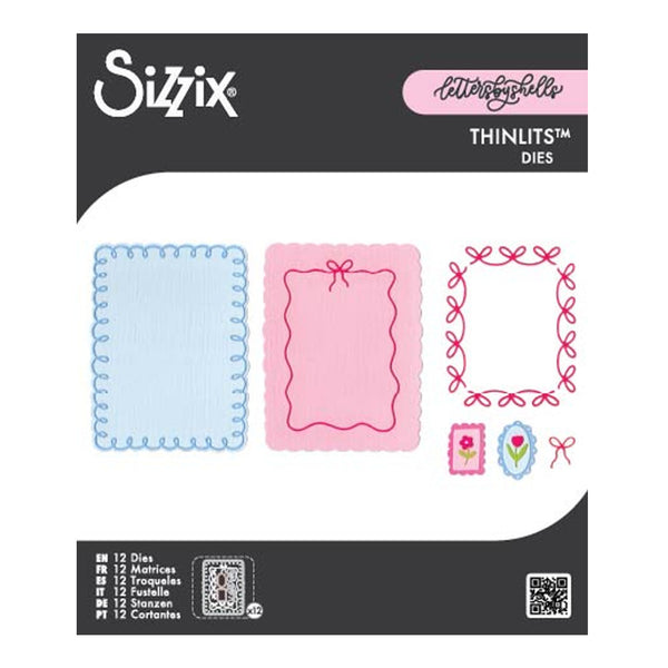 Sizix Letterheadz Thinlits Dies packaging showing three sample die-cut paper designs in light blue, pink, and red on a white background with black header and footer bands.