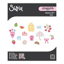 Sizix Letterblinks Thinlits Dies packaging, featuring a white background with a black header and footer. The center showcases various colorful die-cut paper designs such as strawberries, a basket, an umbrella, and a croissant, with product details listed at the bottom.