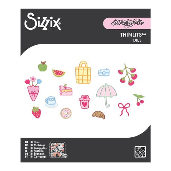 Sizix Letterblinks Thinlits Dies packaging, featuring a white background with a black header and footer. The center showcases various colorful die-cut paper designs such as strawberries, a basket, an umbrella, and a croissant, with product details listed at the bottom.