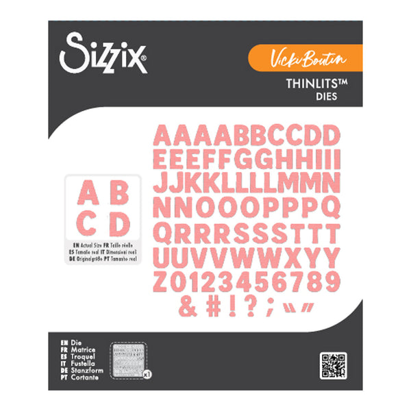 Sizix VickiBritin Thinline Dies alphabet die set, featuring pink alphabet and punctuation characters on a white and dark gray card packaging.