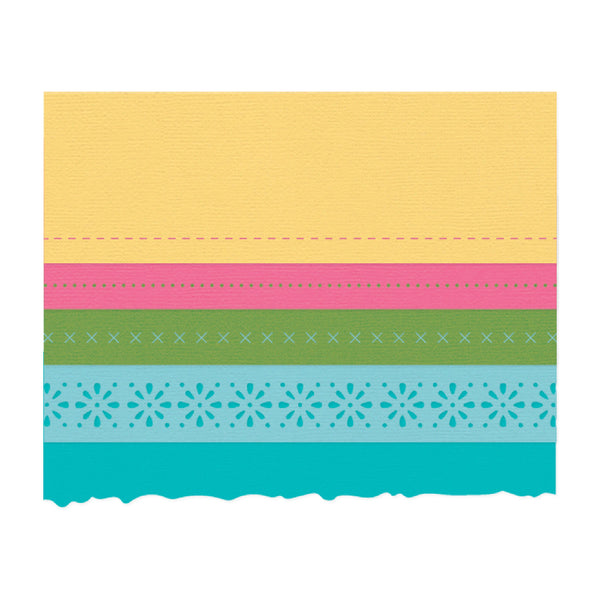 Colorful striped border with yellow, pink, green, and blue on a white background