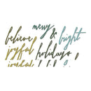 Hand-lettered holiday phrase wall art reading 'merry & bright joyful holidays' in metallic gold, sage green, and dusty blue script on a white background.