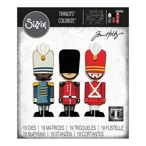 Sizix ThinLits Colorize Jim Holtty 66406 military toy soldier dies and matrices set, featuring three colorful embroidered soldier designs on a textured gray background.