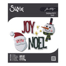 Sizix Jim Holtz Thinlits Dies 'Joy Noel' kit packaging, featuring embroidered-style holiday lettering and characters including Santa, a snowman, and gold stars on a white and dark gray card.