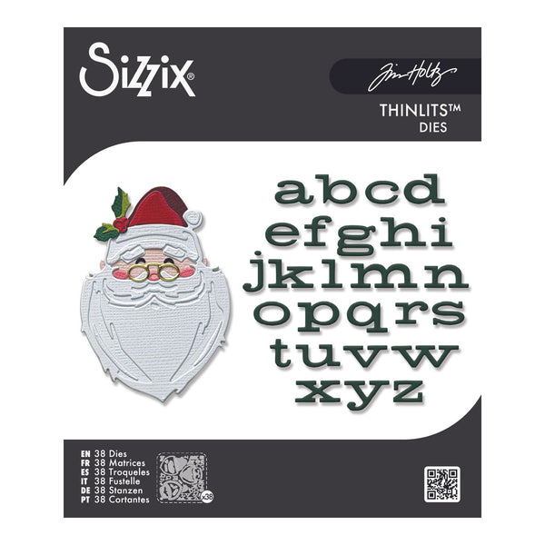 Sizix Thinline Dies alphabet set by Jim Holtz, featuring a Santa Claus die and lowercase alphabet letters in dark green, shown on the product packaging.