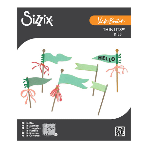 Sizix Vicki Bratten Thinlits Dies packaging featuring six paper-cutting dies illustrated with flags and tassels in mint green, coral pink, and brown on a white background with dark gray header and footer panels.