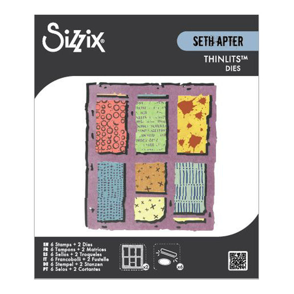 Sizzix Seth Apter Thinlits Dies set on packaging with colorful die cuts.