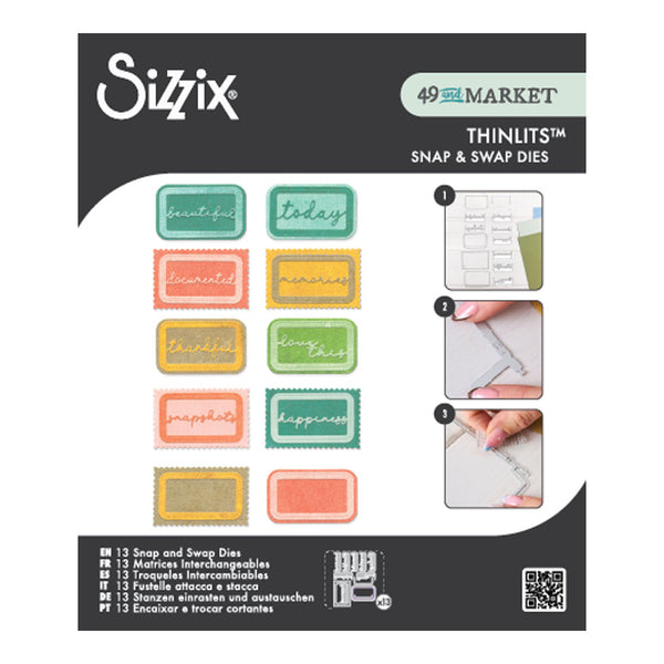 Sizix Thinlits Market 49 snap and swap dies packaging, showing 13 colorful sample stamped labels, three usage steps, and product details on a dark gray and white card.