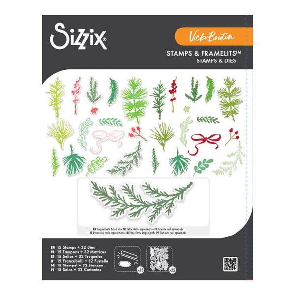 Sizzix Vicki Burton Stamps & FrameLTS Stamps and Dies packaging, featuring a sheet of various green and red botanical stamps and dies on a white and dark gray card.