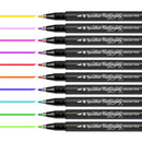 Ten Speedball Calligraphy Brush Pens arranged vertically on a white background, each shown with a corresponding colored brush stroke swatch to the left. The pens are black with white branding text, and the swatches display a range of colors including yellow, pink, purple, magenta, red, orange, blue, teal, green, and light blue.