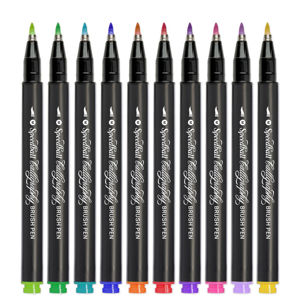 Eight black Spiritbrand FineLift Brush Pens arranged in a row on a white background, each with a different colored tip.