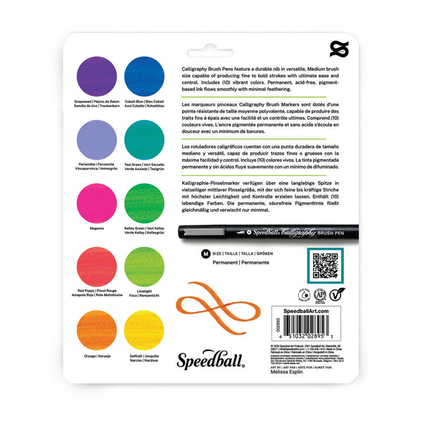Back of a Speedball Calligraphy Brush Pen set packaging card, showing multiple color-coded brush tips, product text in English and French, a black pen, size information, and a barcode on a white background.
