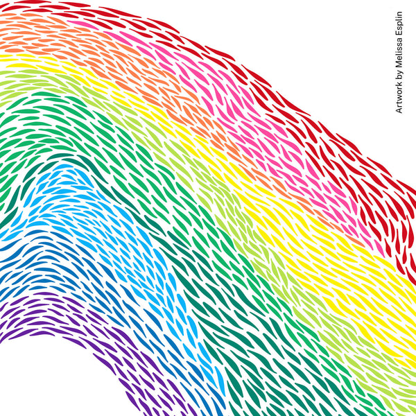 A colorful abstract artwork featuring layered rainbow stripes in red, orange, yellow, green, blue, and purple, each composed of dense white scribbled lines on a white background. Vertical text along the right edge reads 'Artwork by Melissa Esplin'.