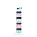 A 5-piece acrylic paint set in a white hanging card package, featuring five small jars of pastel acrylic paint in purple, light blue, pink, mint green, and white, with a black dropper included.