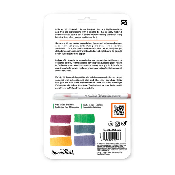A Speedball Art watercolor brush marker card showing product details, included materials, multilingual descriptions, color swatches, and branding on a white background.