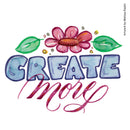 Hand-lettered and painted wall art reading 'CREATE more' with a pink flower and green leaves above, shown on a white background. Small vertical text at right reads 'Artwork by Melissa Esplin.