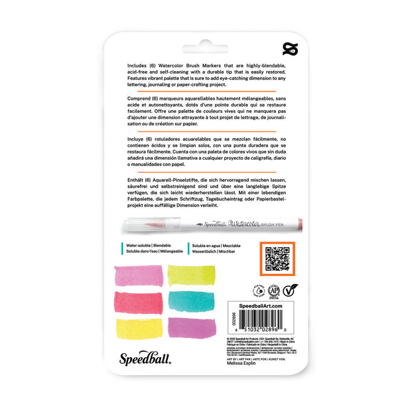 Speedball Watercolor Brush Markers packaging card showing product details, descriptions in English and Spanish, color sample swatches, a QR code, and the Speedball logo on a white background.