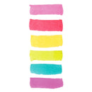 Six vertical watercolor paint swatches in pink, red, yellow, lime green, teal, and magenta on a white background.