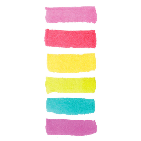 Six vertical watercolor paint swatches in pink, red, yellow, lime green, teal, and magenta on a white background.