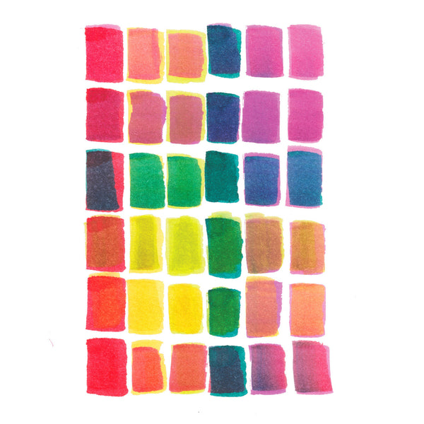 A grid of watercolor paint swatches in various colors including red, orange, yellow, green, blue, and purple on a white background.