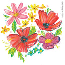 Watercolor floral artwork featuring large red and pink poppy-like flowers, smaller yellow blossoms, green leaves, and a few blue-green flowers on a white background. Vertical text along the right edge reads 'Artwork by Melissa Esplin'.